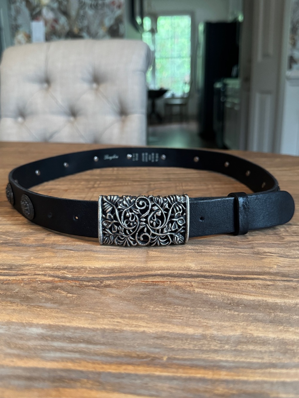 Garuglieri Black Leather Silver Concho Belt w/ Pewter Buckle Made in Italy L